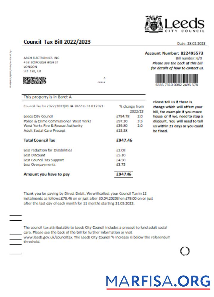 Downloadable Leeds City Council tax business bill, SCR download for verification